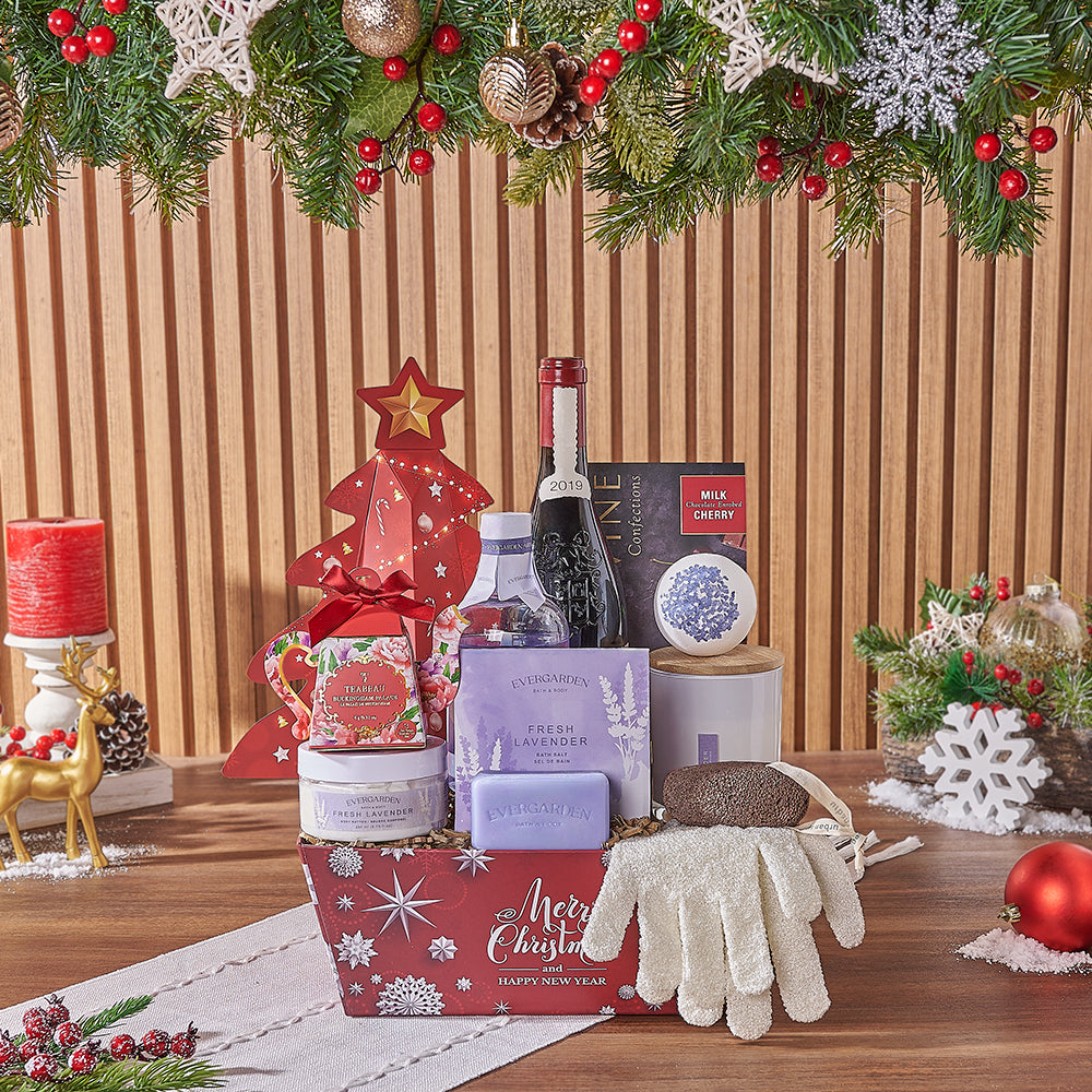 Christmas Wine &amp; Spa Gift Set, wine gift, wine, spa gift, spa, chocolate gift, chocolate, tea gift, tea, New Jersey  delivery