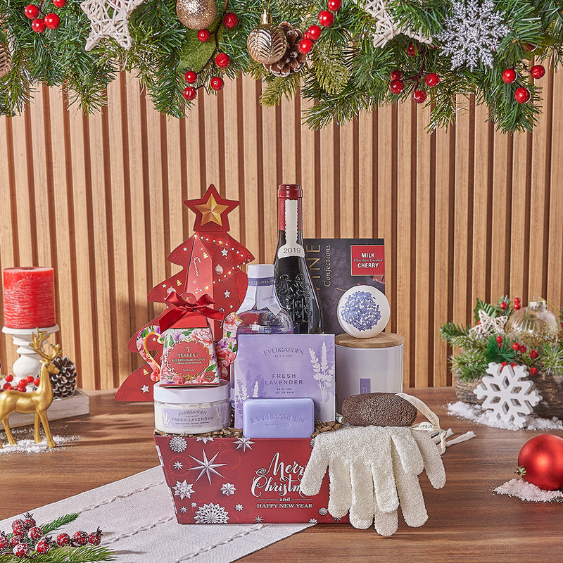 Christmas Wine & Spa Gift Set, wine gift, wine, spa gift, spa, chocolate gift, chocolate, tea gift, tea, New Jersey  delivery