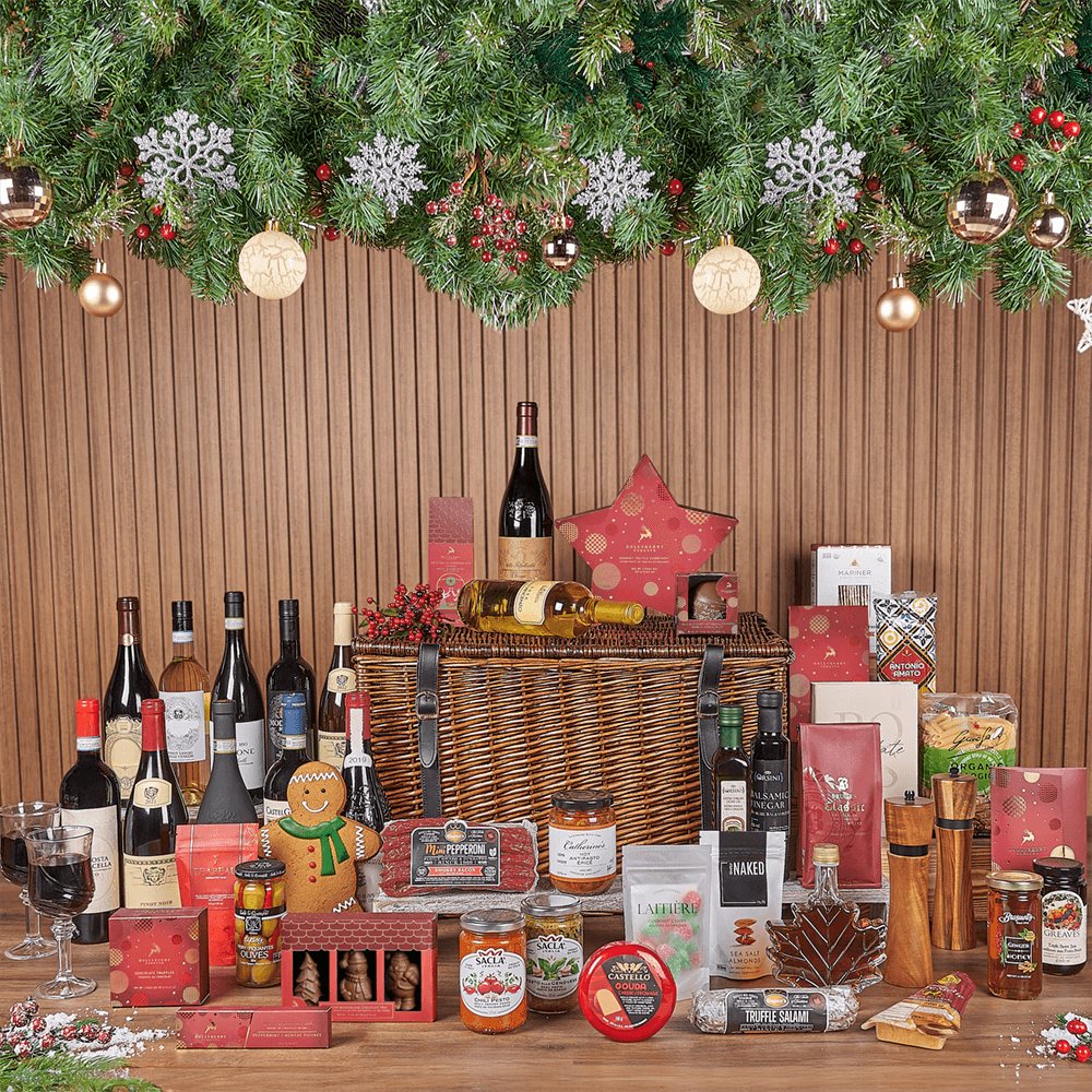 Christmas Wine & Treat Extravaganza Basket, christmas gift, christmas, wine gift, wine, chocolate gift, chocolate, New Jersey delivery