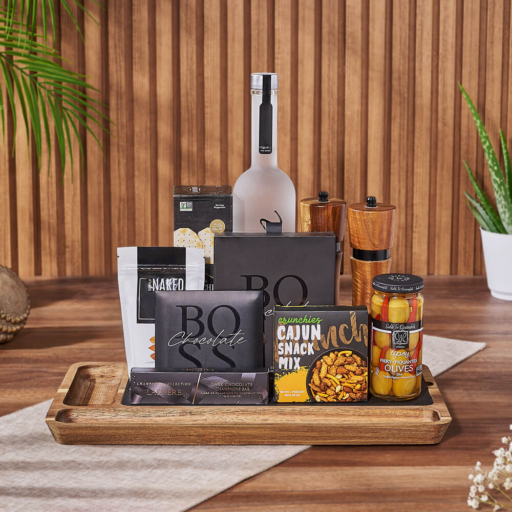 Classic Vodka and Gourmet Snack Gift Basket with Slate Serving Board – how the gift is presented