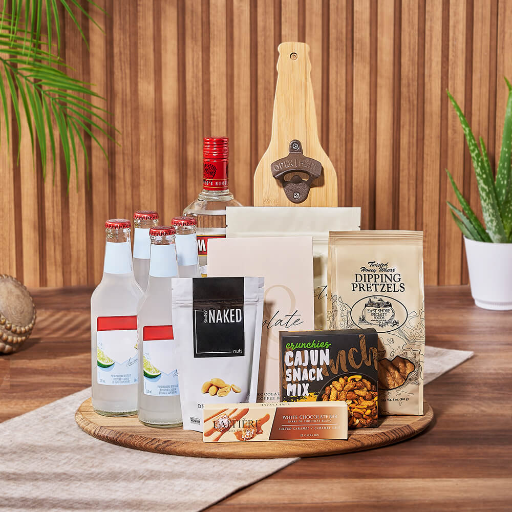 Coolers &amp; Crunch Liquor Basket, liquor gift, liquor, chocolate gift, chocolate, New Jersey delivery