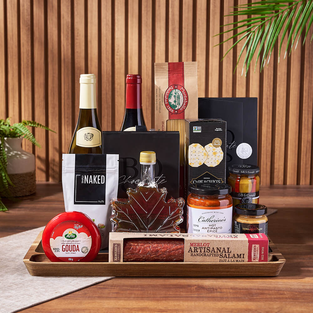 Two-Bottle Wine Gift Basket Featuring Gourmet Cheese and Maple Syrup – how the gift is presented