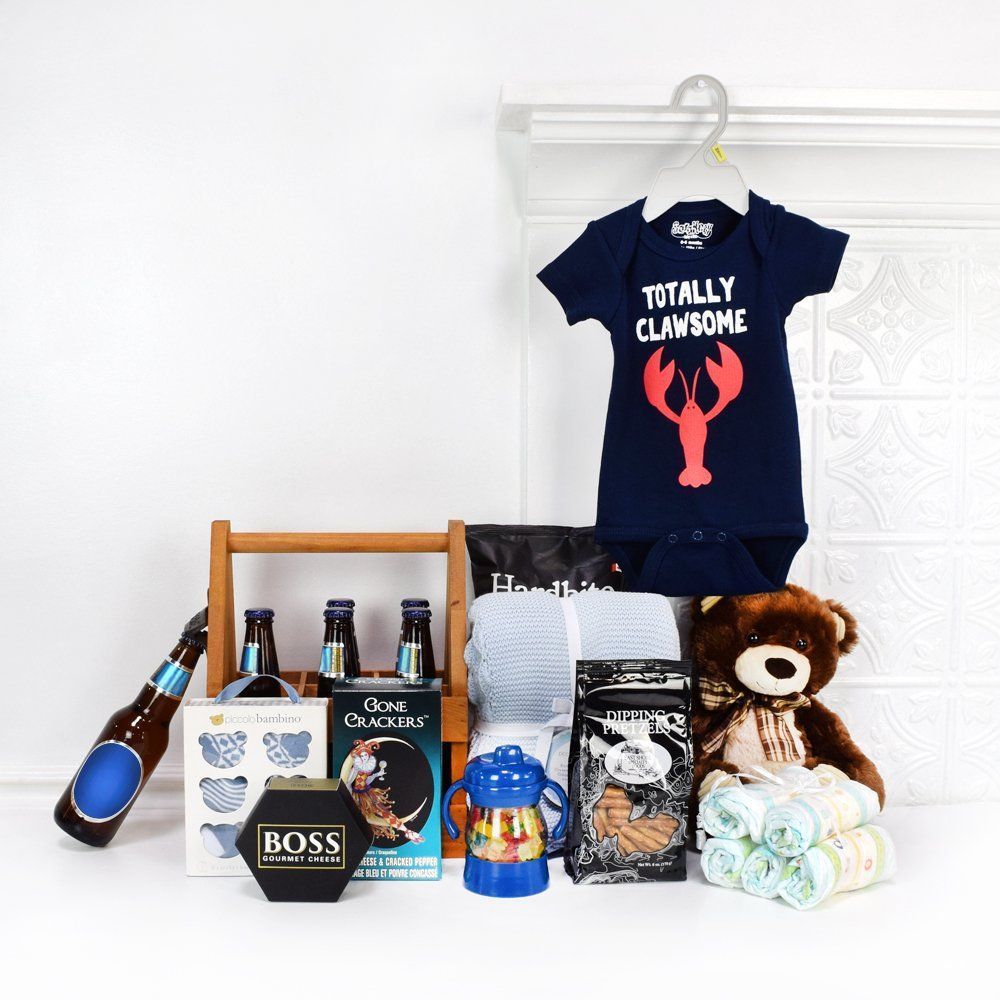 Deluxe Baby Shower Gift Set with 6-Pack Labatt Blue Beer and Baby Essentials – how the gift is presented
