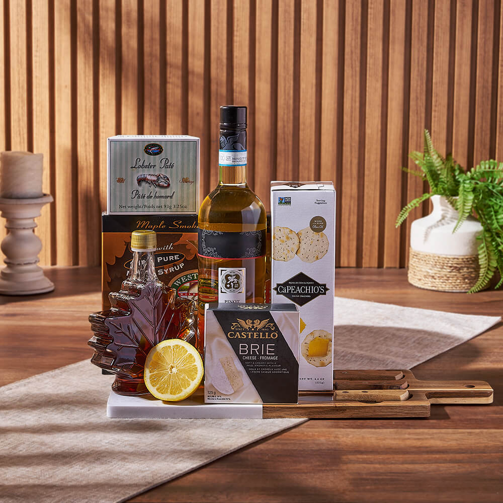 Deluxe Smoked Salmon &amp; Citrus Gift Basket with Wine, wine gift, wine, gourmet gift, gourmet, cheese gift, cheese, cheese board gift, cheese board, New Jersey delivery