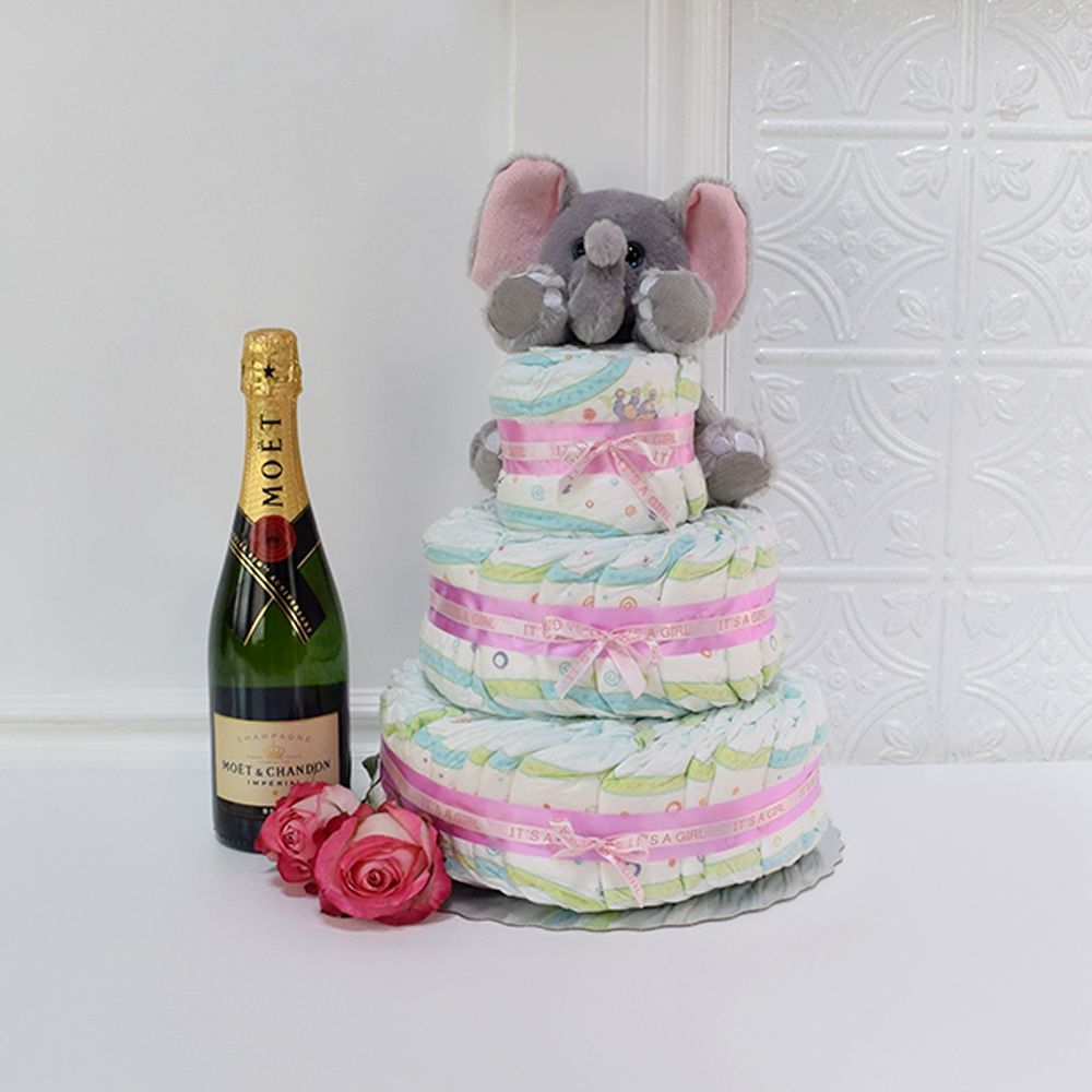 Premium Champagne Basket with Diaper Cake and Plush Elephant – how the gift is presented