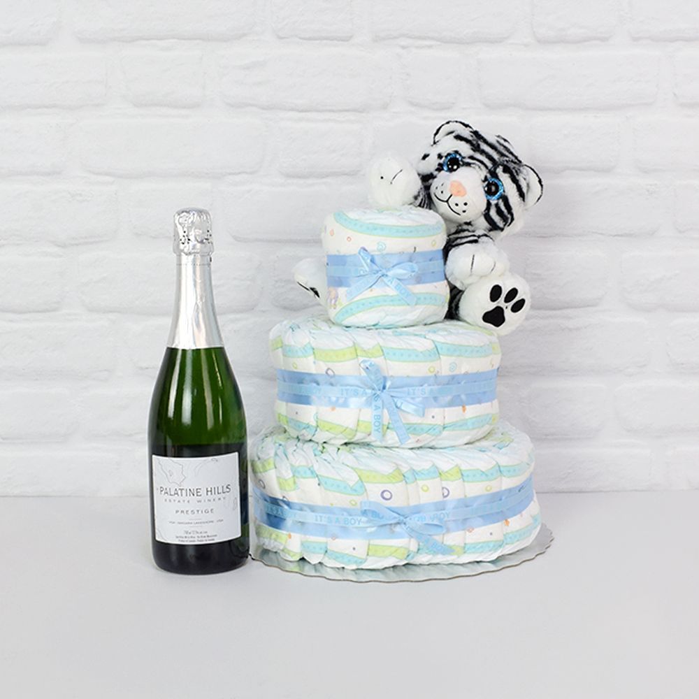 Diapers &amp; Plush Tiger Champagne Gift Set from New Jersey Baskets - New Jersey Delivery