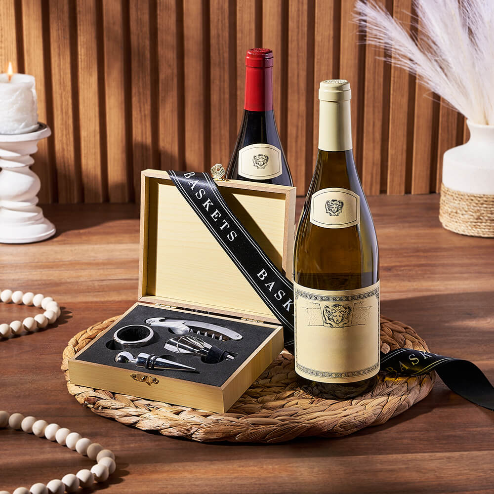 Wine Accessory Gift Box with Two Bottles in Rustic Wooden Case – how the gift is presented