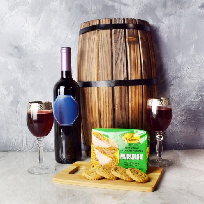 Festive Diwali Wine Gift Basket with Murukku and Elegant Glasses – how the gift is presented