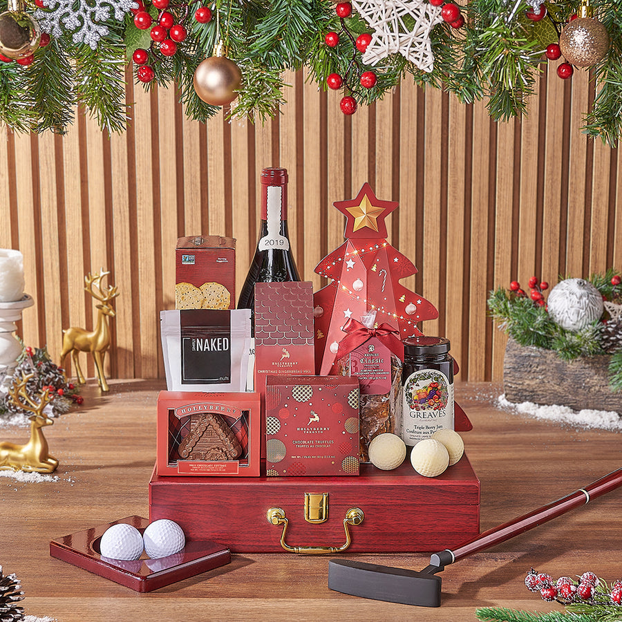 Golfer's Holiday Wine Gift Basket, wine gift, wine, chocolate gift, chocolate, christmas gift, christmas, golf gift, golf, New Jersey delivery