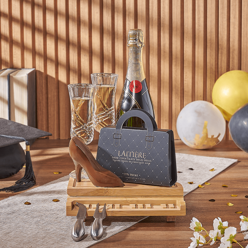 Graduation Sparkling Wine Gift Basket with Bamboo Cheese Board & Chocolates – how the gift is presented