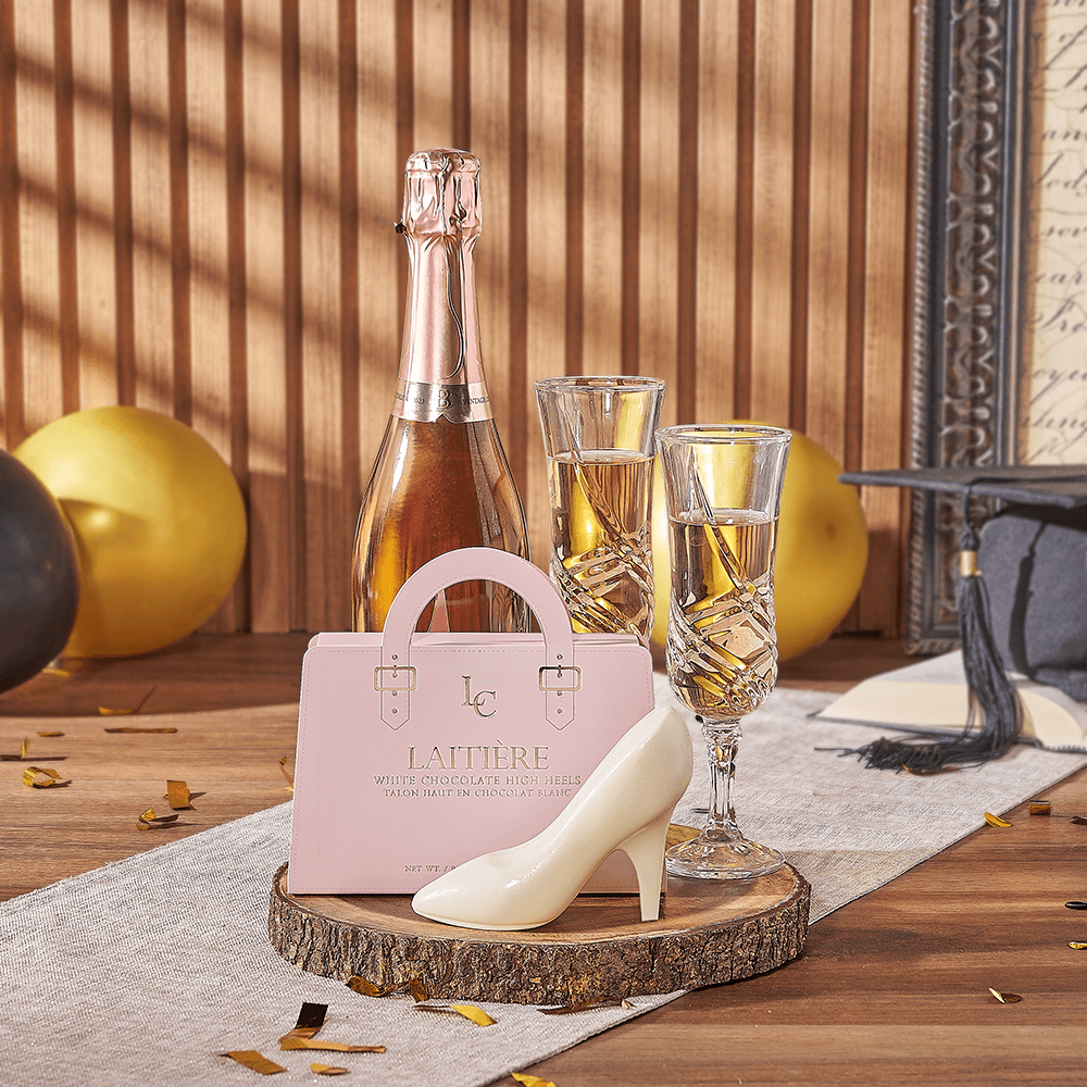 Graduation Sparkling Wine and Laitière White Chocolate High Heels Basket Gift – how the gift is presented