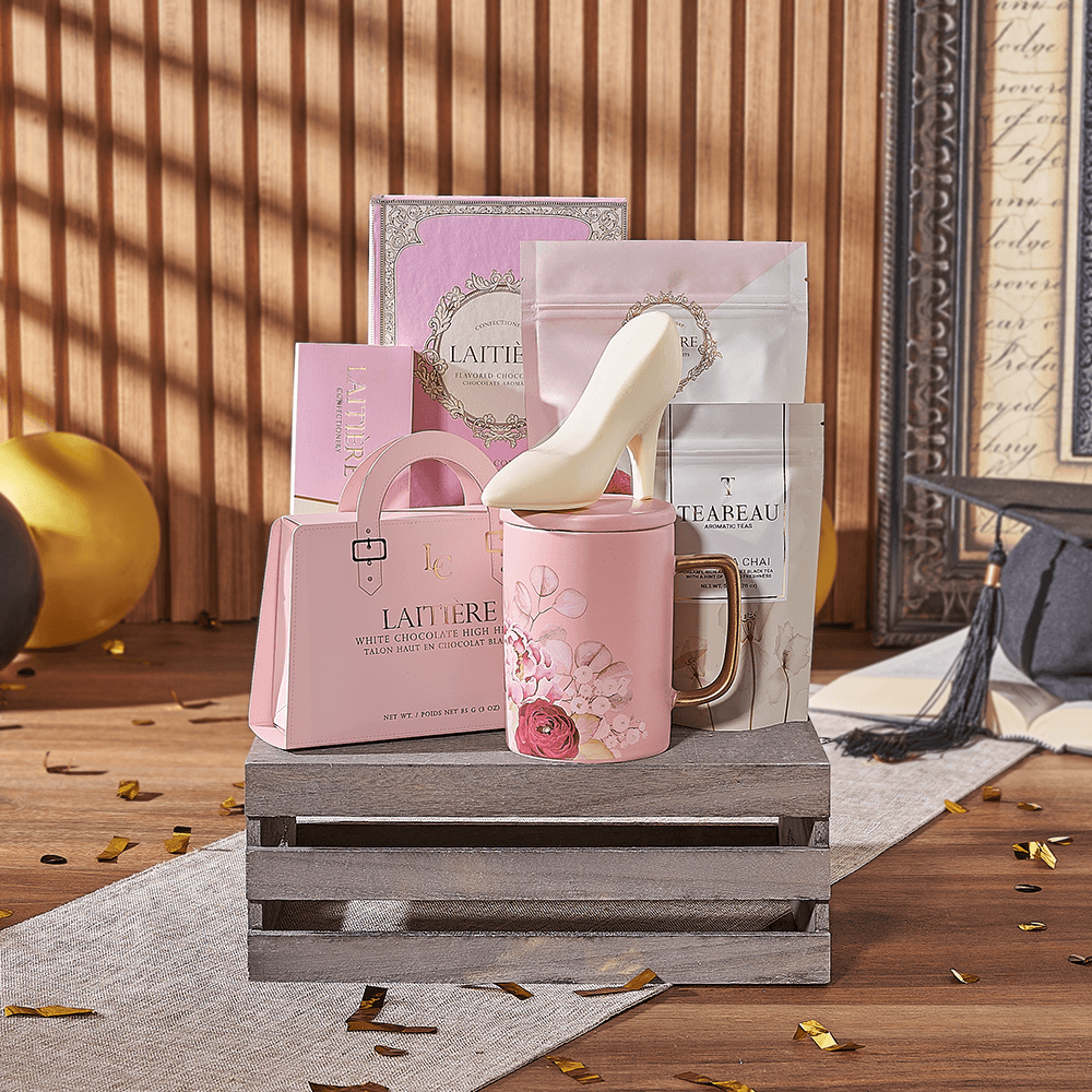 Graduation Gourmet Gift Crate with Assorted White Chocolate and Tea – how the gift is presented