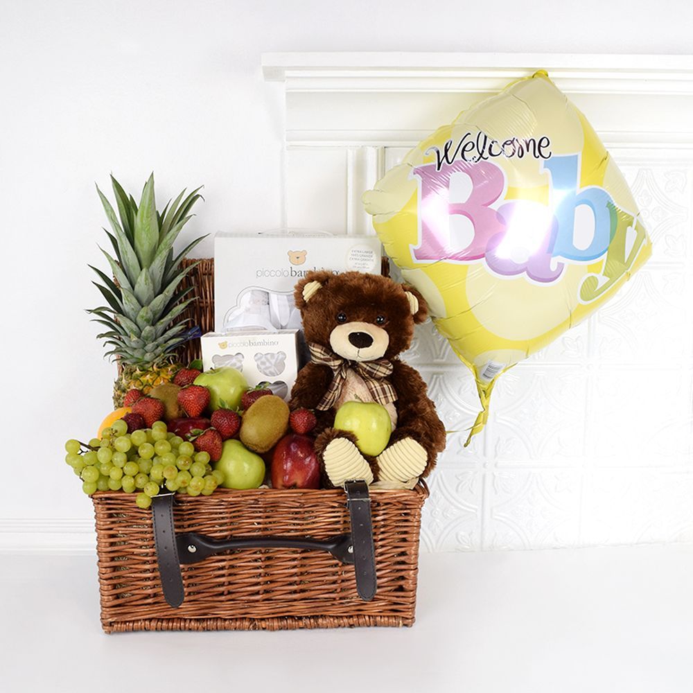 Welcoming Growing Toddler Gift Basket with Fresh Fruit and Baby Socks – how the gift is presented