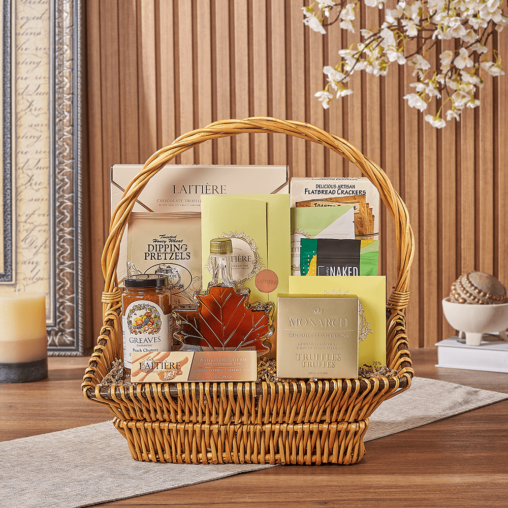 Halal British Country Style Wicker Basket with Gourmet Chocolates – how the gift is presented
