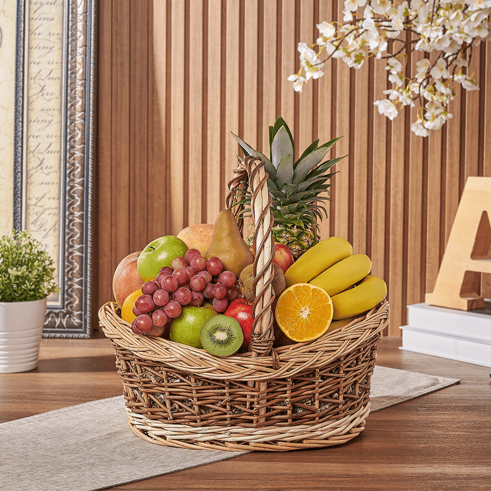 Halal Assorted Fresh Fruit in Large Two-Tone Basket – how the gift is presented