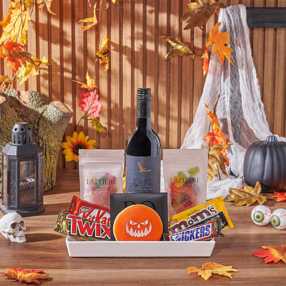 Halloween Wine &amp; Treat Platter, wine gift, wine, chocolate gift, chocolate, halloween gift, halloween, New Jersey delivery