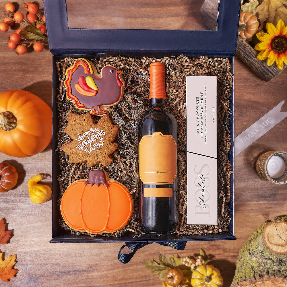 Happy Thanksgiving Wine &amp; Cookie Box, thanksgiving gift, thanksgiving, wine gift, wine, chocolate gift, chocolate, New Jersey delivery
