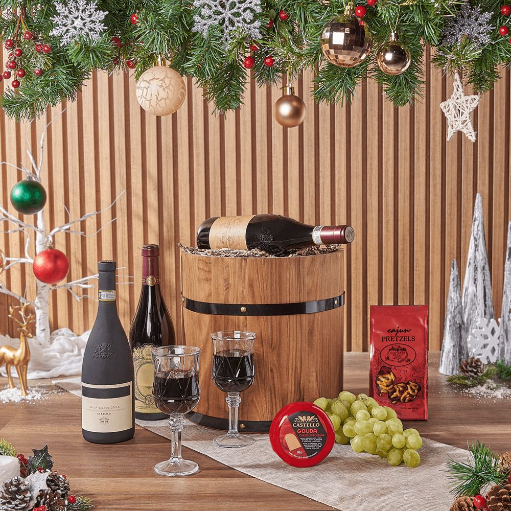 Holiday Fine Wine &amp; Cheese Barrel, wine gift, wine, cheese gift, cheese, fruit gift, fruit, christmas gift, christmas, holiday gift, holiday, New Jersey delivery