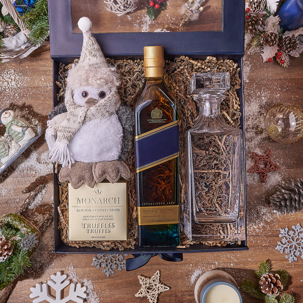 Holiday Liquor Decanter &amp; Treats Basket, liquor gift, liquor, chocolate gift, chocolate, decanter gift, decanter, christmas gift, christmas, New Jersey delivery