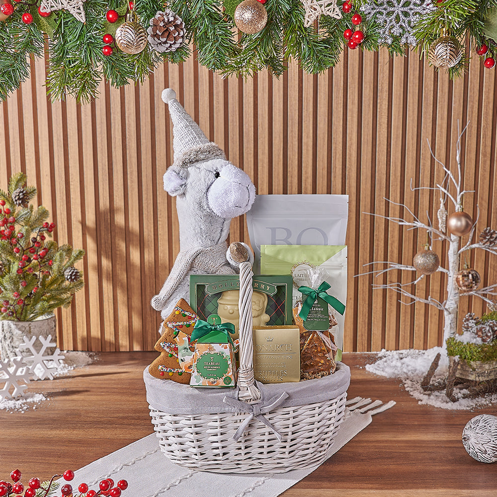 Plush Llama Holiday Snack Gift Basket – how the gift is presented