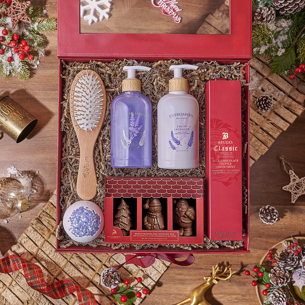 Holiday Spa &amp; Chocolate Gift Box, chocolate gift, chocolate, spa gift, spa, bath gift, bath, New Jersey delivery
