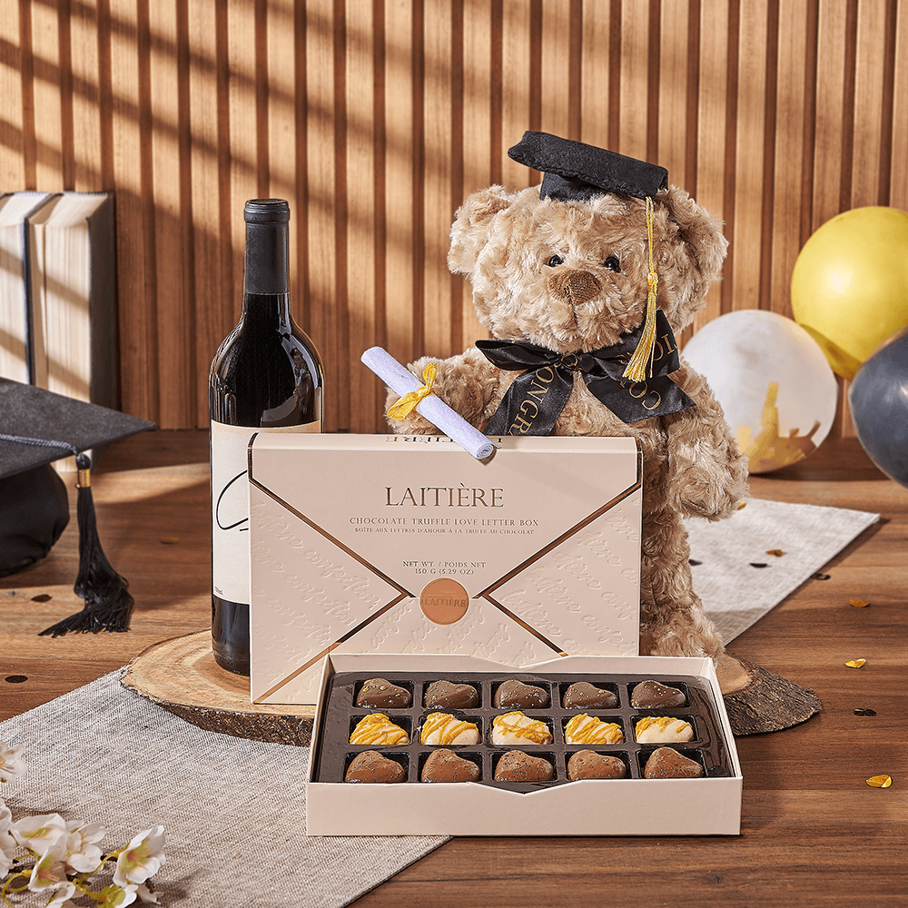 Wine Gift Basket with Graduation Teddy Bear, Laitière Chocolate, and Love Letter – how the gift is presented