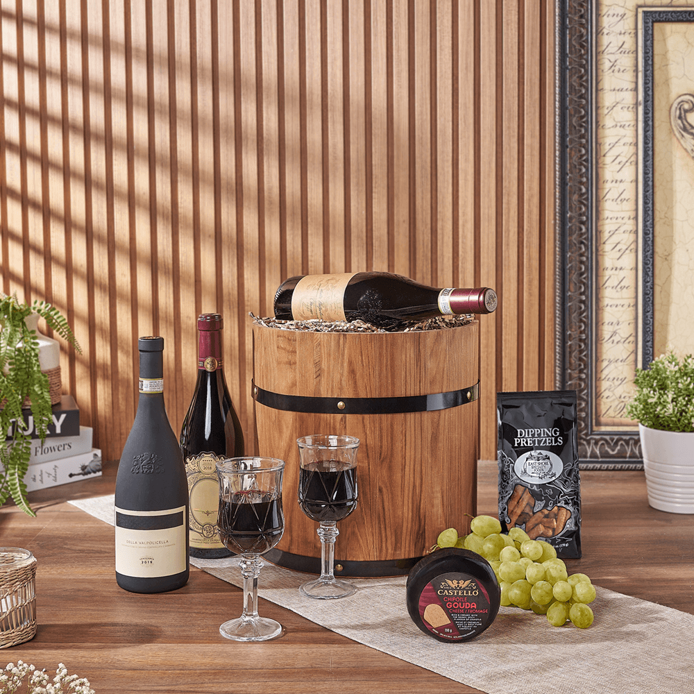 Lovely Wine Cheese Barrel - Premium Wines, wine gift, wine, fruit gift, fruit, cheese gift, cheese, New Jersey delivery