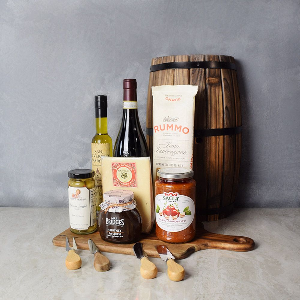 Pasta, Chutney &amp; Wine Gift Set From New Jersey Baskets - New Jersey Delivery