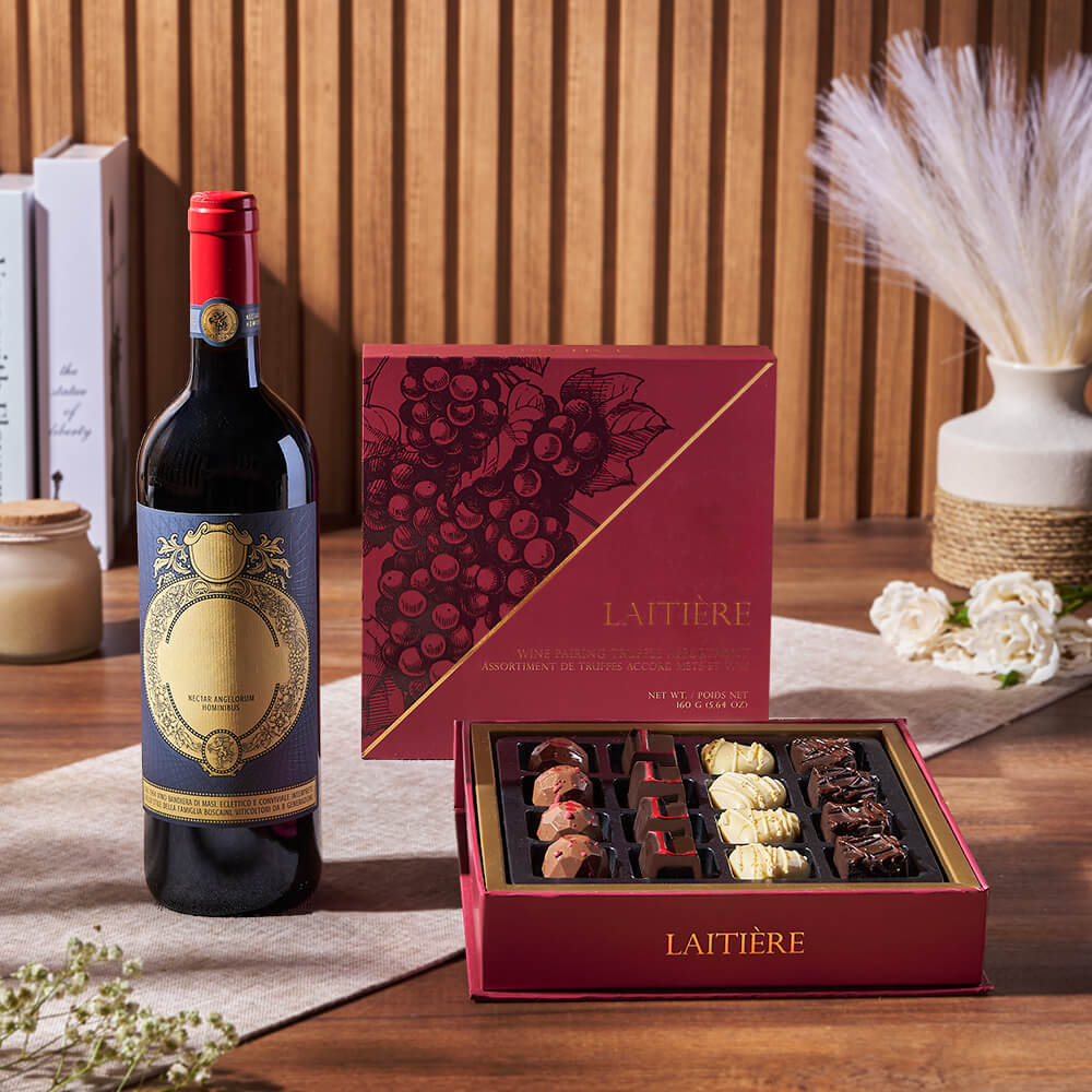 Signature Wine with Gourmet Chocolate Truffles Gift Box – how the gift is presented