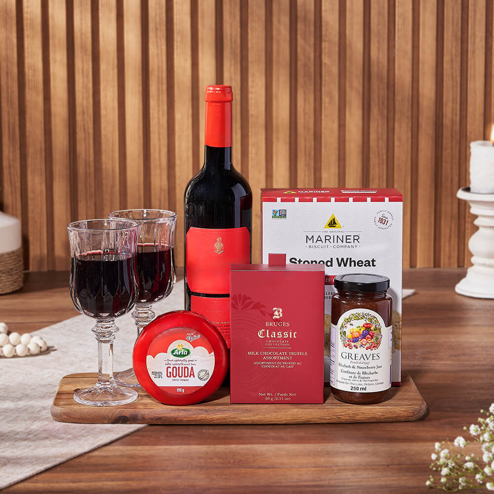Elegant Wine Basket Featuring Artisan Cheese, Jam & Stoned Wheat Crackers – how the gift is presented
