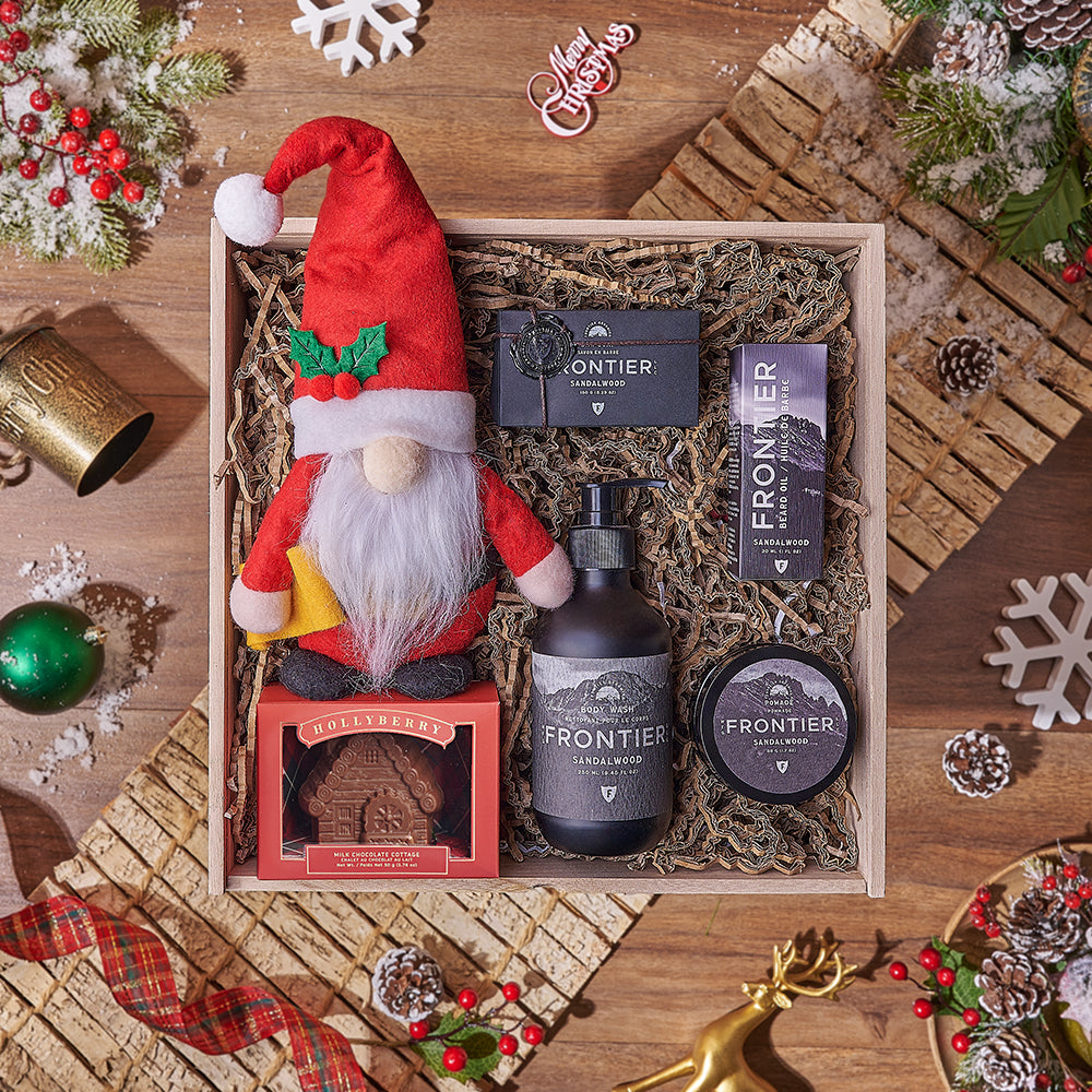Men's Holiday Spa Crate with Santa Plush and Milk Chocolate – how the gift is presented