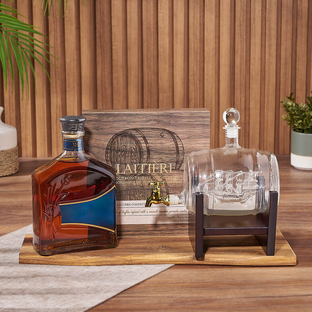 Simple Luxuries Trio with Liquor, liquor gift, liquor, decanter gift, decanter, chocolate gift, chocolate, New Jersey delivery