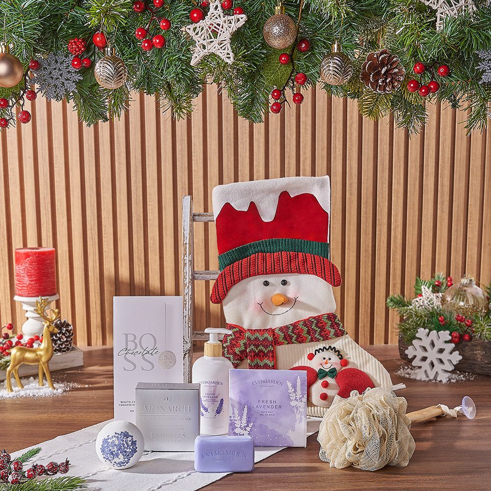 Snowman Spa Stocking Gift Set, spa gift, spa, chocolate gift, chocolate, christmas gift, christmas, New Jersey delivery