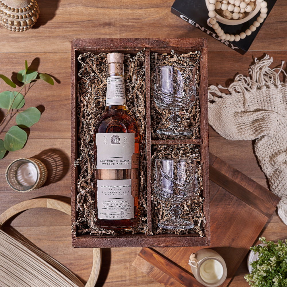 Liquor Gift Set with Two Snifter Glasses in Wooden Box – how the gift is presented