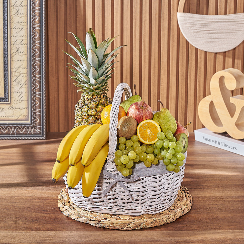 Fresh Fruit Gift Basket in Large White Wicker Presentation – how the gift is presented