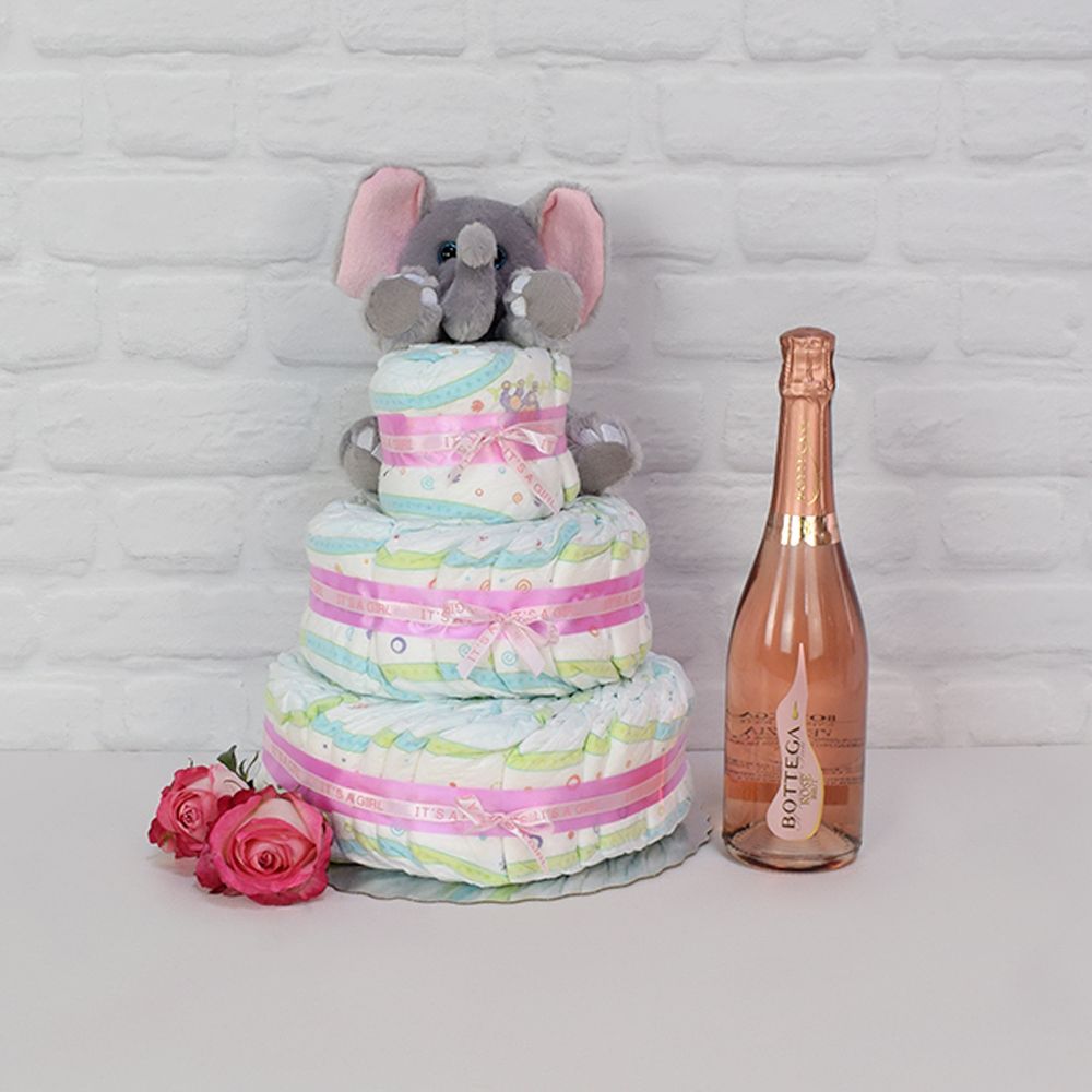 Diaper Cake Featuring Champagne – how the gift is presented