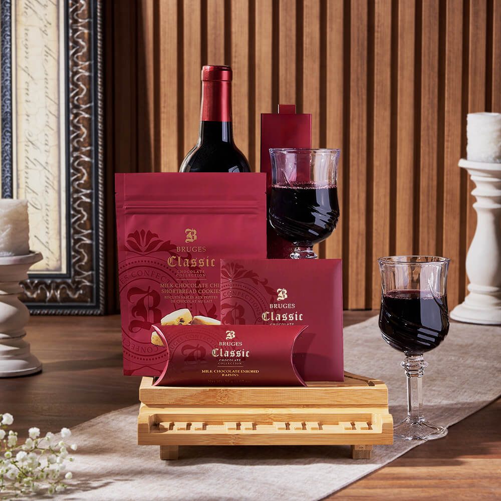 Wine and Gourmet Chocolate Gift Basket Featuring Baby Grand Piano Board – how the gift is presented