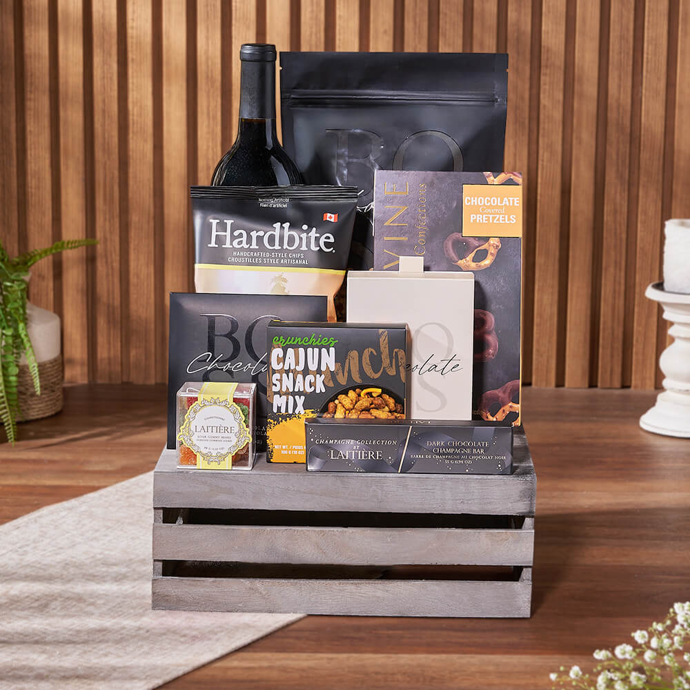 Medium Grey Wooden Crate Gourmet Snack and Chocolate Gift Basket with Bottle – how the gift is presented