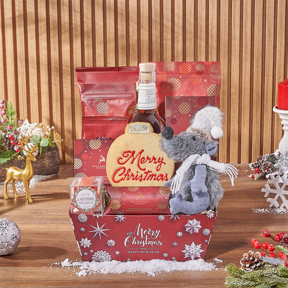 Holiday Season Liquor Gift Basket with Assorted Gourmet Treats – how the gift is presented