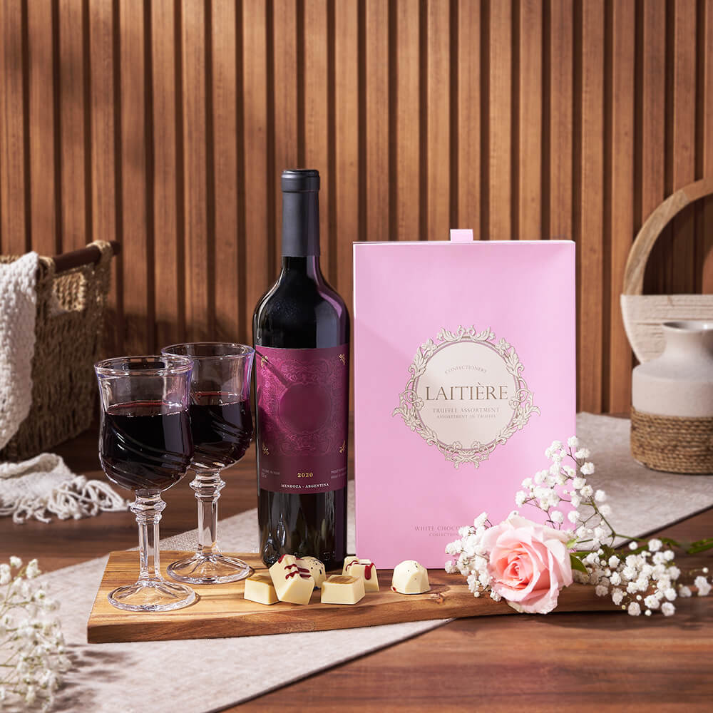 Uptown Wine &amp; Chocolate Gift Basket, wine gift, wine, chocolate gift, chocolate, rose gift, New Jersey delivery