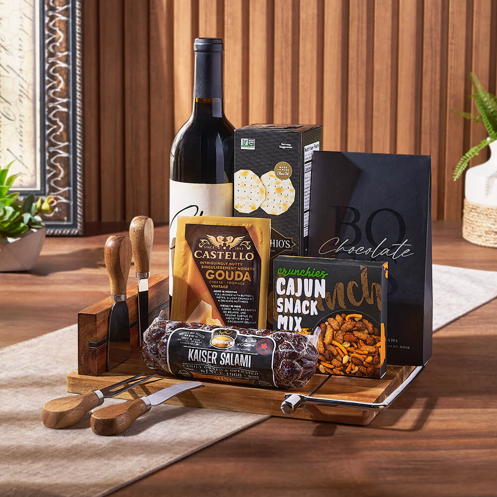 With the Warm Wishes Wine &amp; Cheese Basket enjoy a selection of gourmet goodies perfect for sharing from New Jersey Basket - New Jersey delivery 