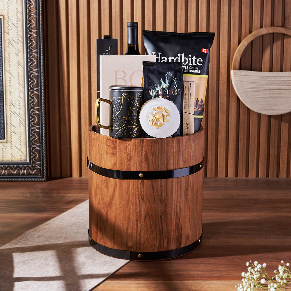 Elegant Wine and Gourmet Treats Gift Basket in Wooden Barrel – how the gift is presented