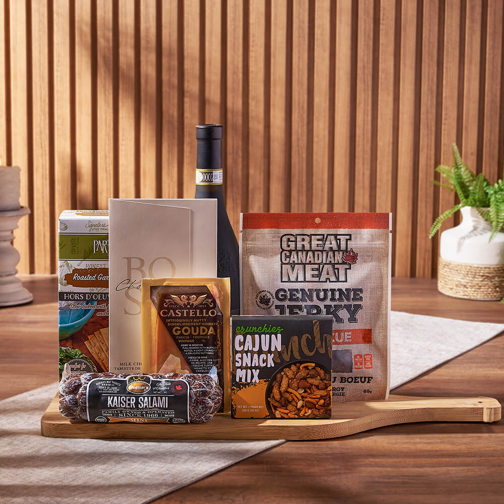 Wine & Cheesy Treats Platter, wine gift, wine, cheese gift, cheese, salami gift, salami, gourmet gift, gourmet, New Jersey delivery