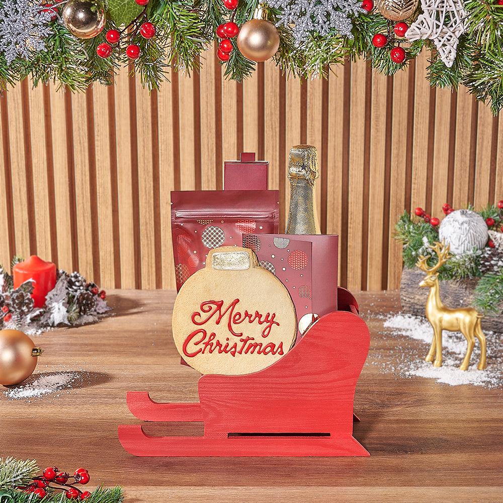 Holiday Sparkling Wine and Red Wooden Sled Gift Basket with Premium Treats – how the gift is presented