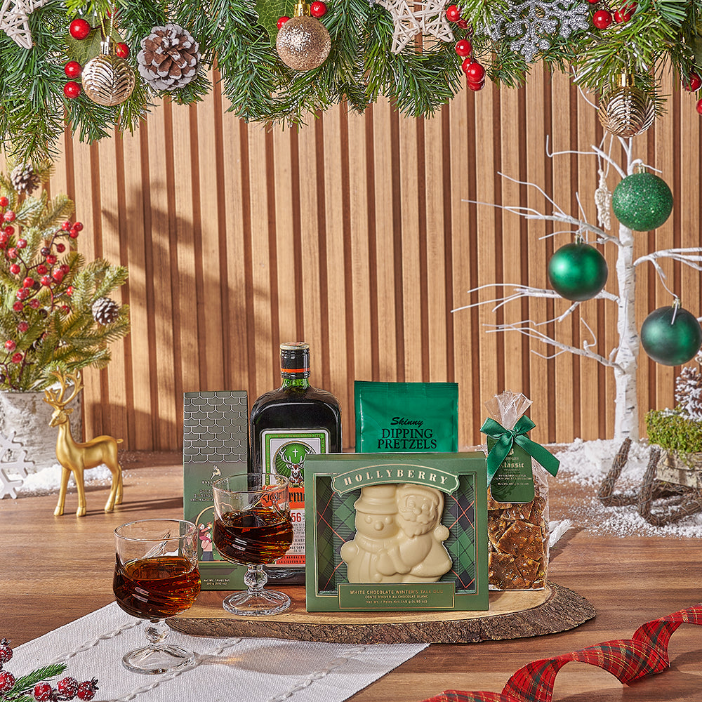 Yuletide Liquor &amp; Snack Basket, Christmas gift, Christmas, liquor gift, liquor, chocolate gift, chocolate, New Jersey delivery