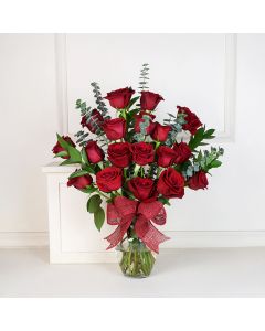 Red Rose Bouquet with Vase, floral gift baskets, Valentine's Day gifts, gift baskets, romance
