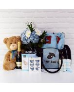BABY BOY DELUXE TRAVEL BAG WITH CHAMPAGNE, baby boy gift hamper, newborns, new parents

