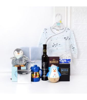 Precious Penguin Gift Set with Wine, baby gift baskets, baby gifts, wine gift baskets
