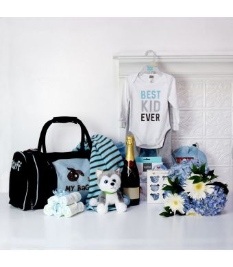 BABY BOY ALL IN ONE GIFT SET WITH CHAMPAGNE, baby boy gift hamper, newborns, new parents
