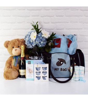 BABY BOY DELUXE TRAVEL BAG WITH CHAMPAGNE, baby boy gift hamper, newborns, new parents
